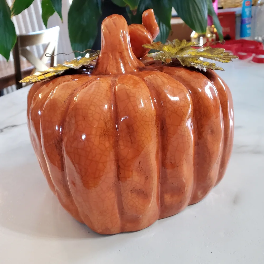 Ceramic Pumpkin with metal leaves